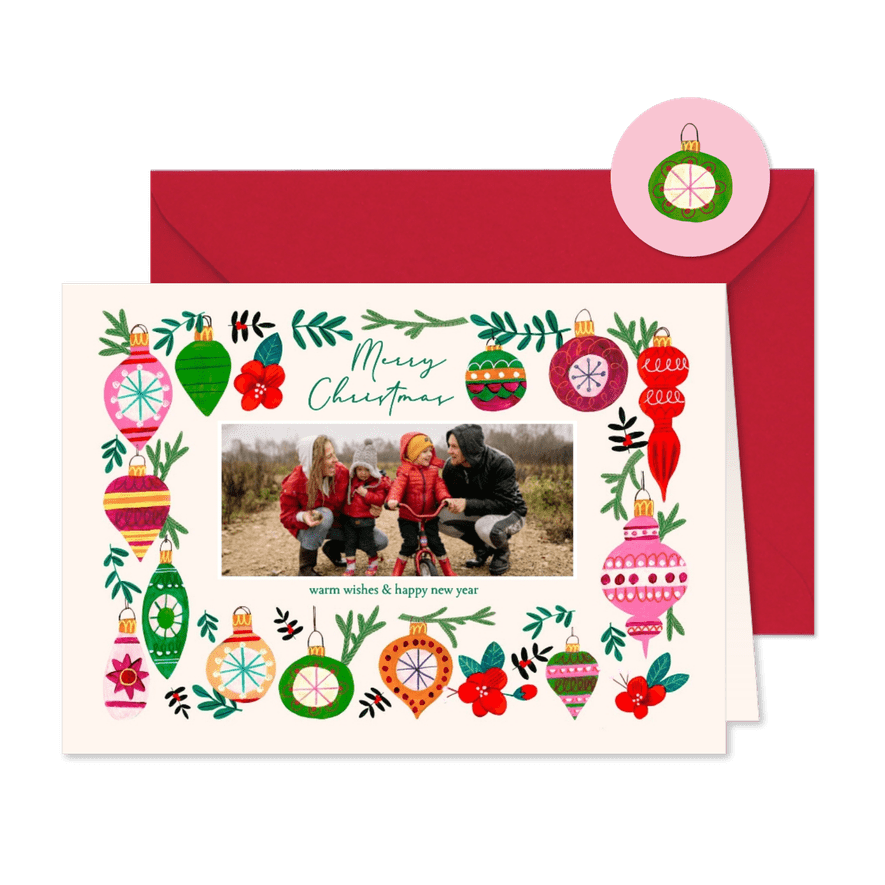 Kerstkaart vrolijke kerstballen illustratie rand modern - Kaartimpressie