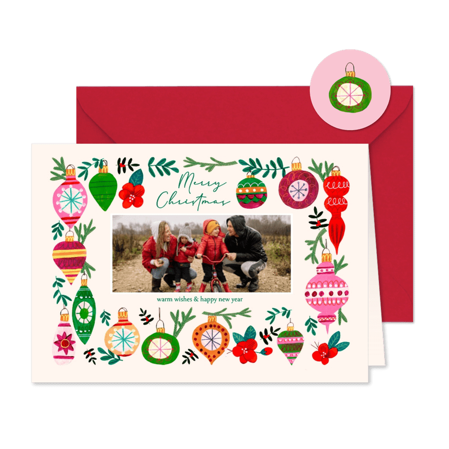 Kerstkaart vrolijke kerstballen illustratie rand modern - Kaartimpressie