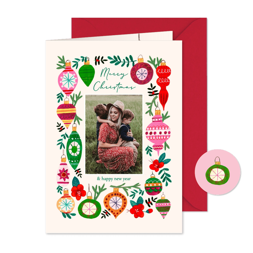 Kerstkaart vrolijke kerstballen illustratie rand - Kaartimpressie