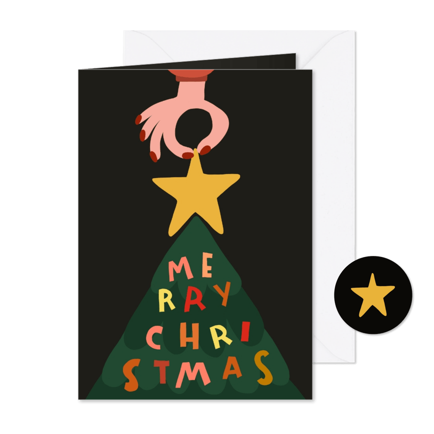 Kerstkaart vrolijke kerstboom met letters - Kaartimpressie