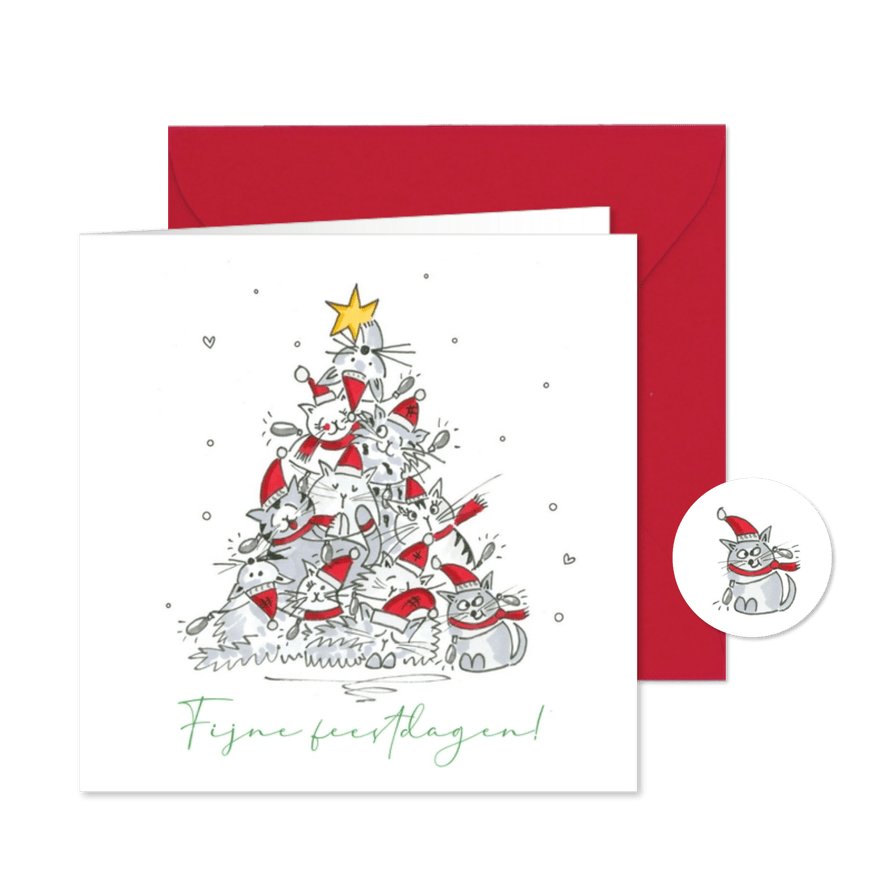Kerstkaart vrolijke kerstboom van poezen - Kaartimpressie