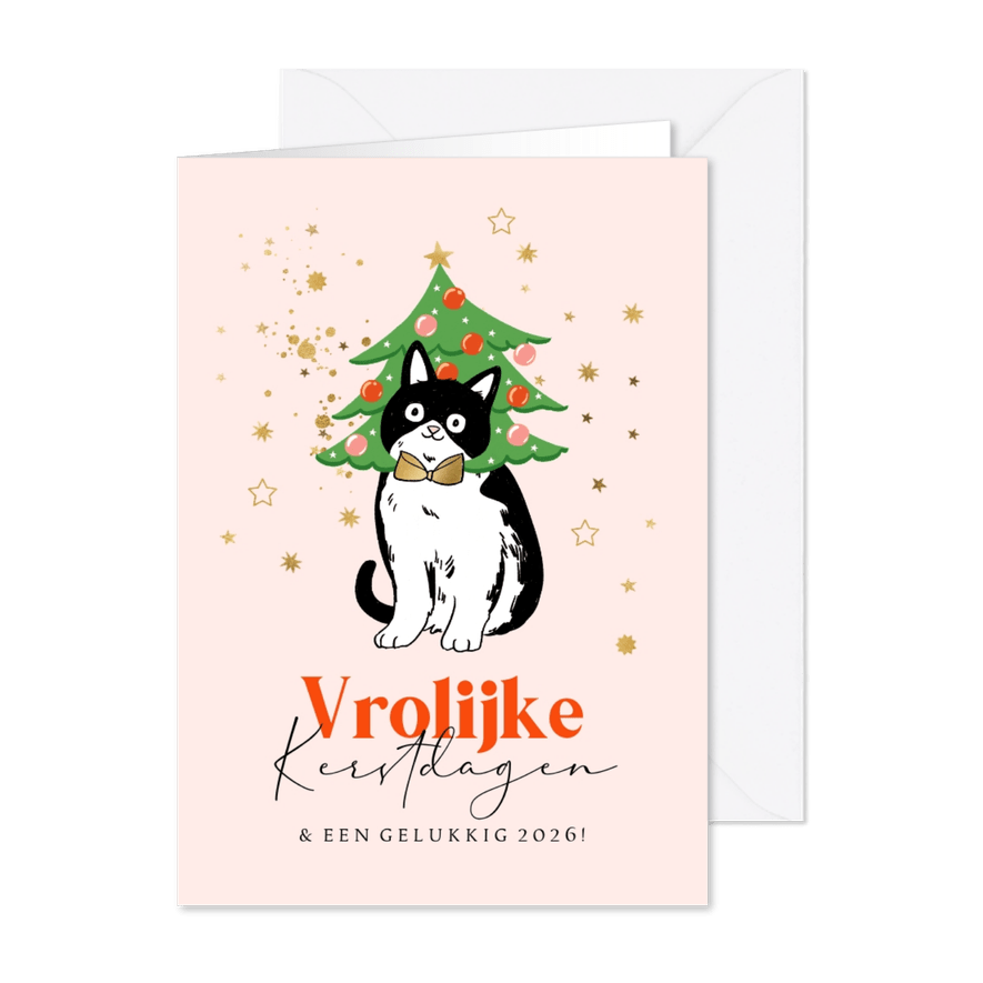 Kerstkaart vrolijke kerstdagen illustratie kat goud sterren - Kaartimpressie