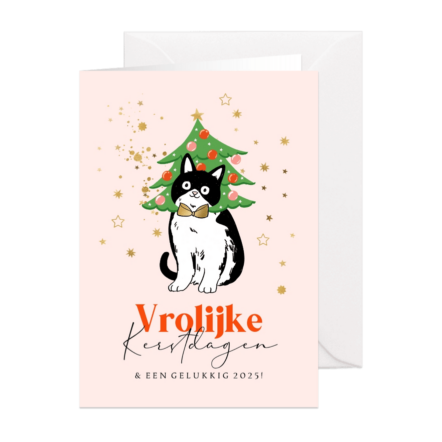 Kerstkaart vrolijke kerstdagen illustratie kat goud sterren - Kaartimpressie