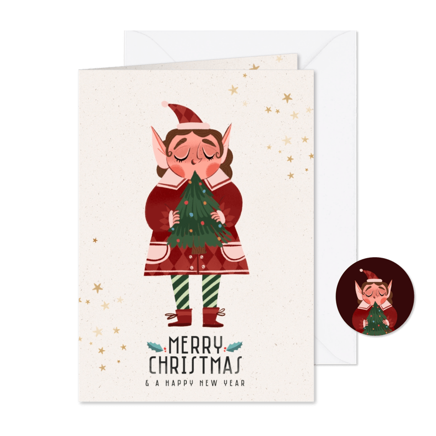 Kerstkaart vrolijke kerstelf met kerstboom - Kaartimpressie