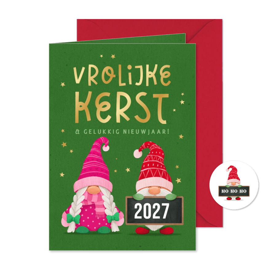 Kerstkaart vrolijke kerstkabouters gnome sterren goud 2027 - Kaartimpressie