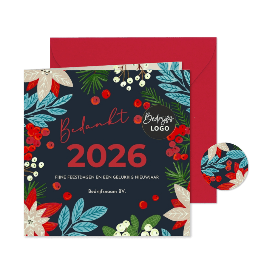 Kerstkaart vrolijke kerstroos poinsettia modern - Kaartimpressie