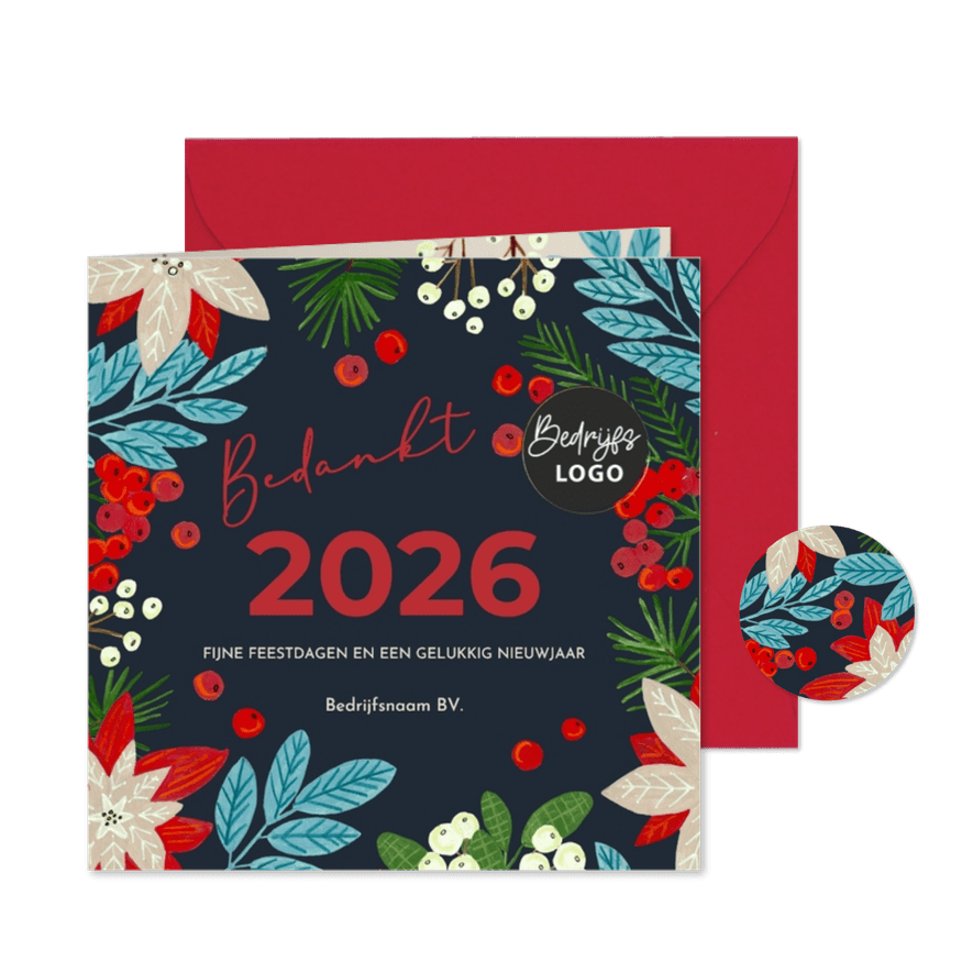Kerstkaart vrolijke kerstroos poinsettia modern - Kaartimpressie