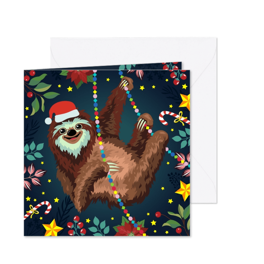 Kerstkaart vrolijke luiaard met bloemen planten en sterren - Kaartimpressie