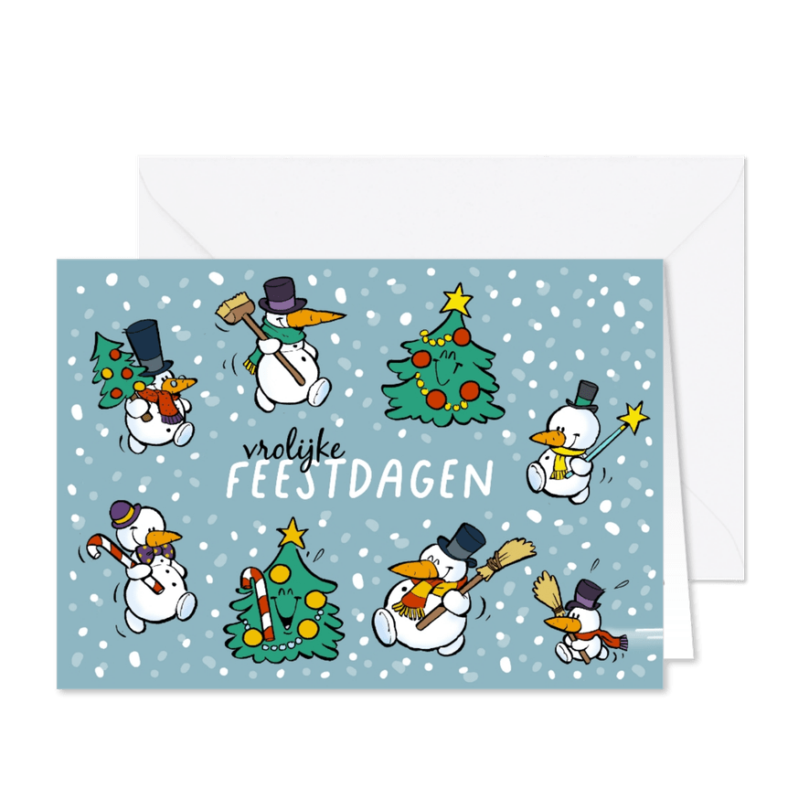 Kerstkaart vrolijke sneeuwpoppen - Kaartimpressie