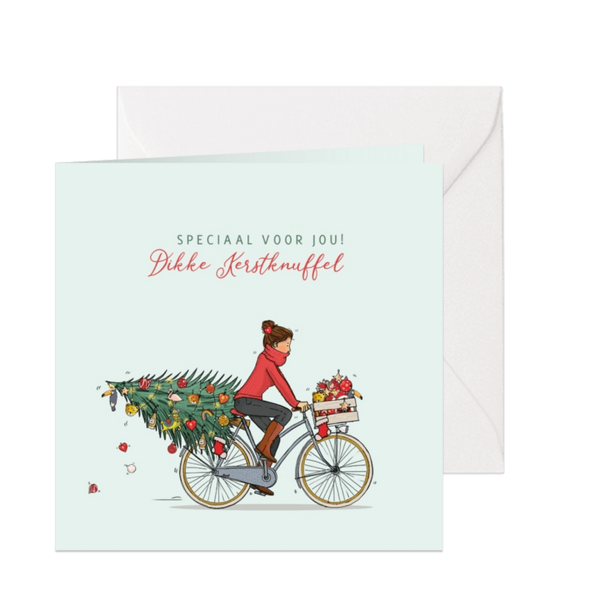 Kerstkaart vrouw met fiets kerstboom - Kaartimpressie