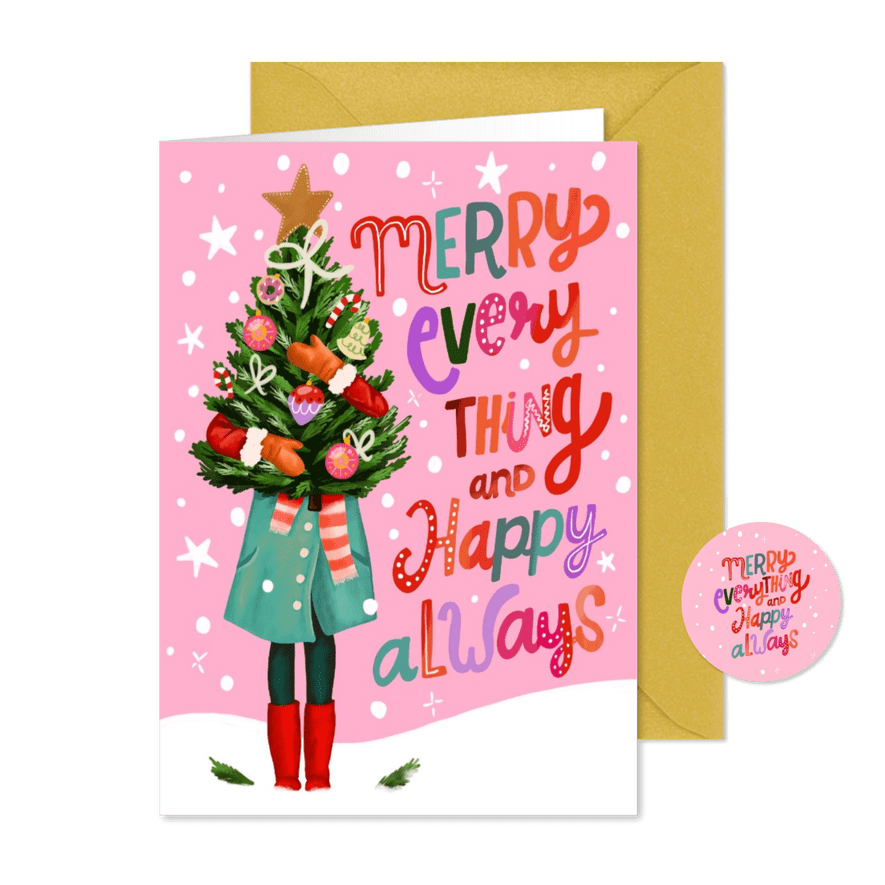 Kerstkaart vrouw met kerstboom merry everything happy always - Kaartimpressie