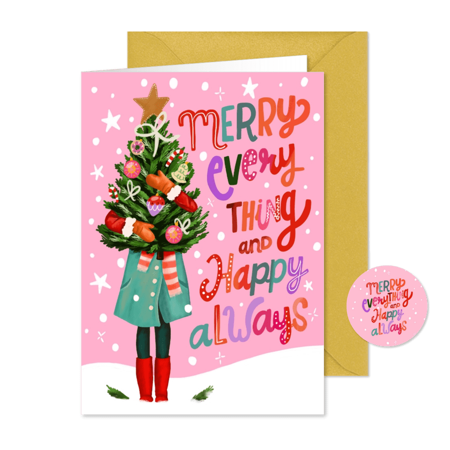 Kerstkaart vrouw met kerstboom merry everything happy always - Kaartimpressie