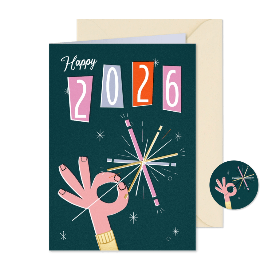 Kerstkaart vuurwerk happy 2026 retro - Kaartimpressie