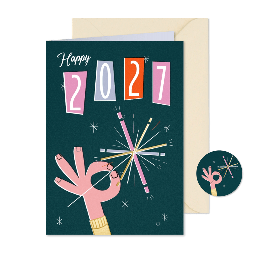 Kerstkaart vuurwerk happy 2027 retro - Kaartimpressie