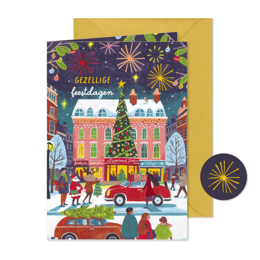 Kerstkaart vuurwerk in de stad met sneeuw - Kaartimpressie