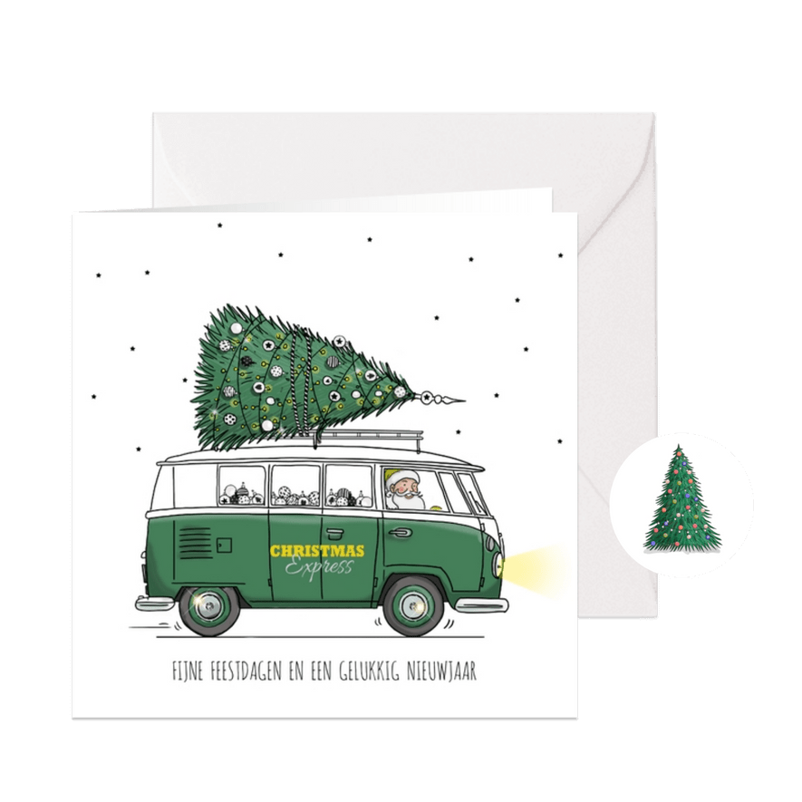 Kerstkaart VW bus groen met boom - Kaartimpressie