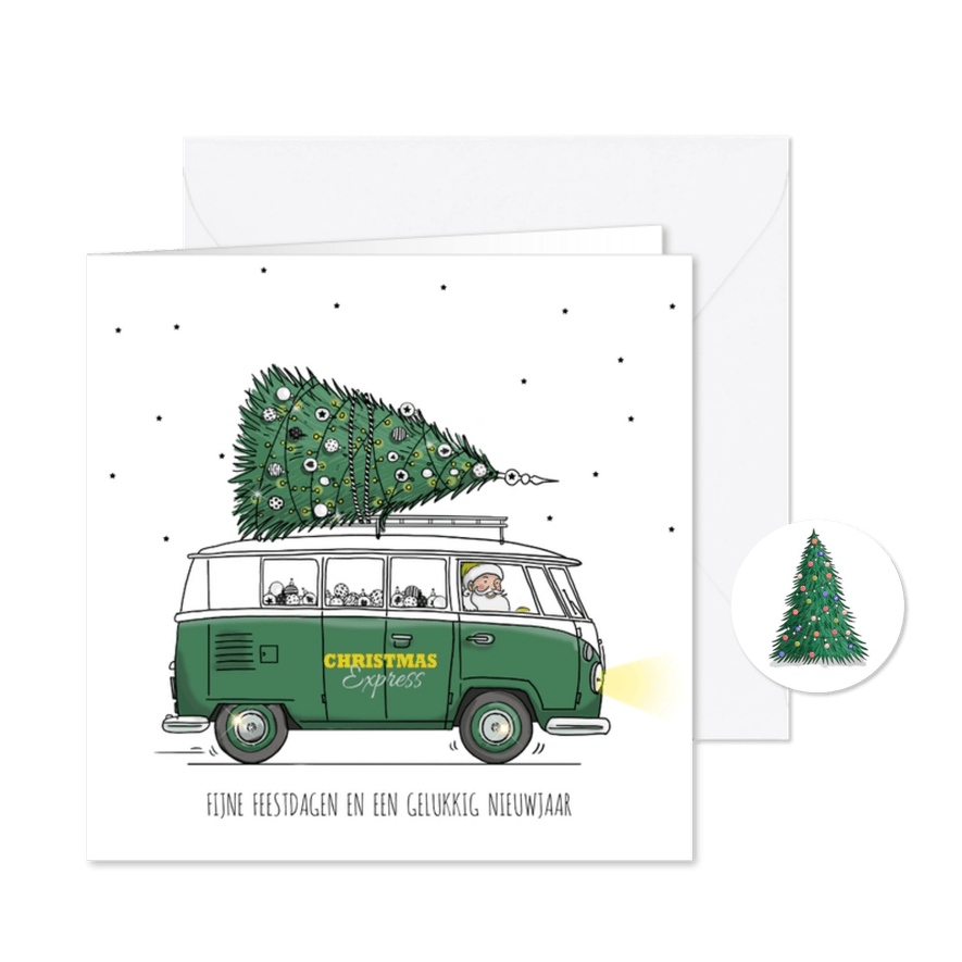Kerstkaart VW bus groen met boom - Kaartimpressie