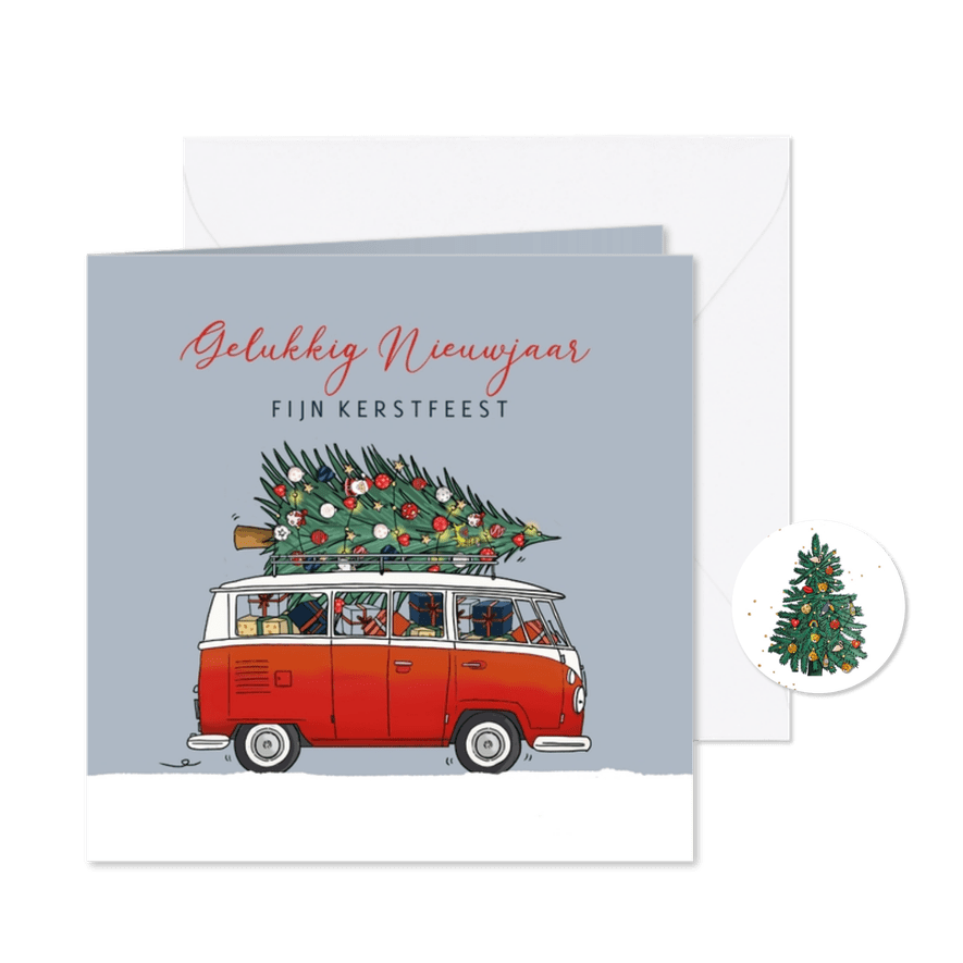 Kerstkaart vw busje rood met kerstboom  - Kaartimpressie