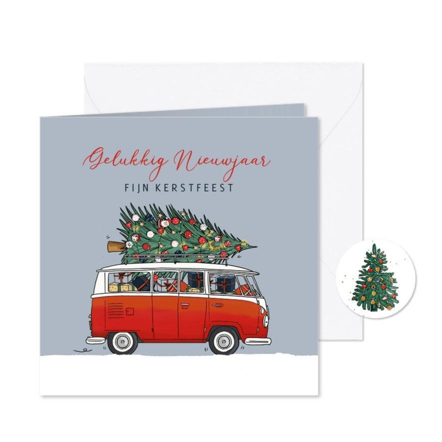 Kerstkaart vw busje rood met kerstboom  - Kaartimpressie