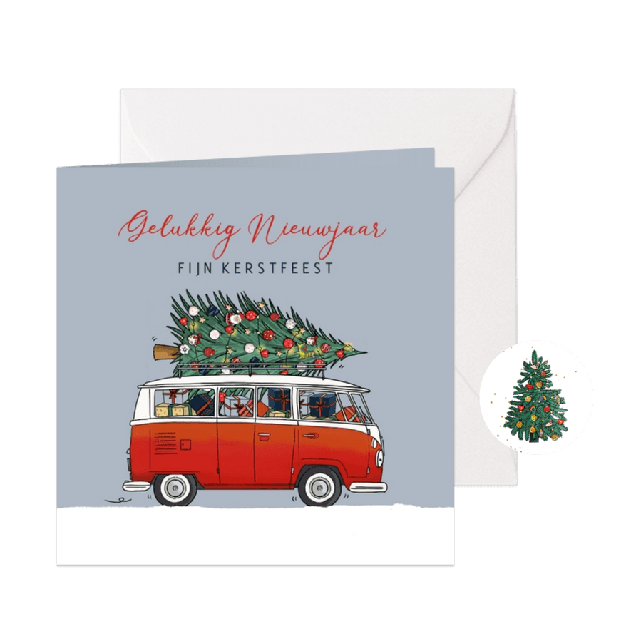 Kerstkaart vw busje rood met kerstboom  - Kaartimpressie