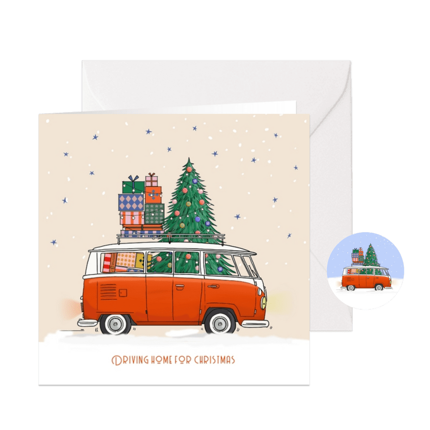 Kerstkaart vw busje rood met pakjes - Kaartimpressie