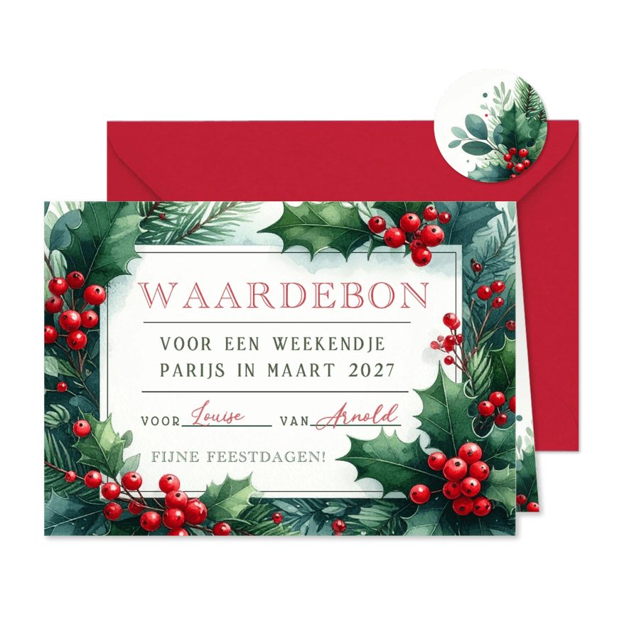 Kerstkaart waardebon met kersttakjes - als kerstcadeau - Kaartimpressie