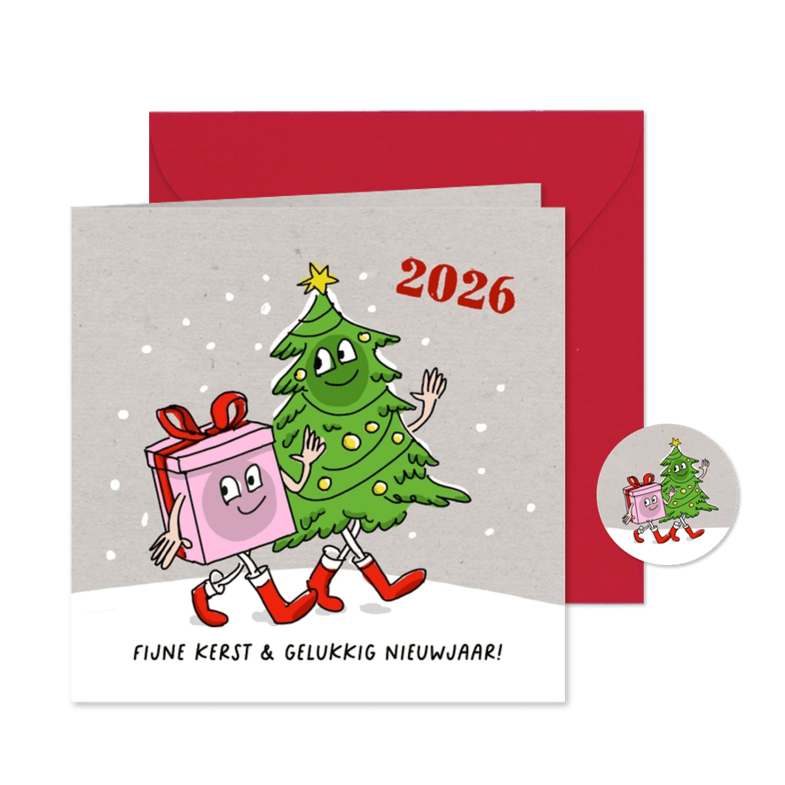 Kerstkaart wandelende kerstboom en kerstkado - Kaartimpressie