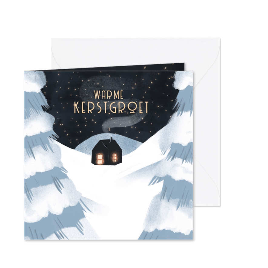 Kerstkaart warm huisje in winterwonderland - Kaartimpressie