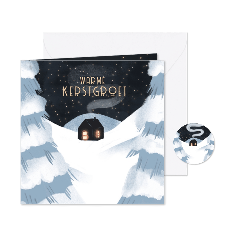Kerstkaart warm huisje in winterwonderland - Kaartimpressie