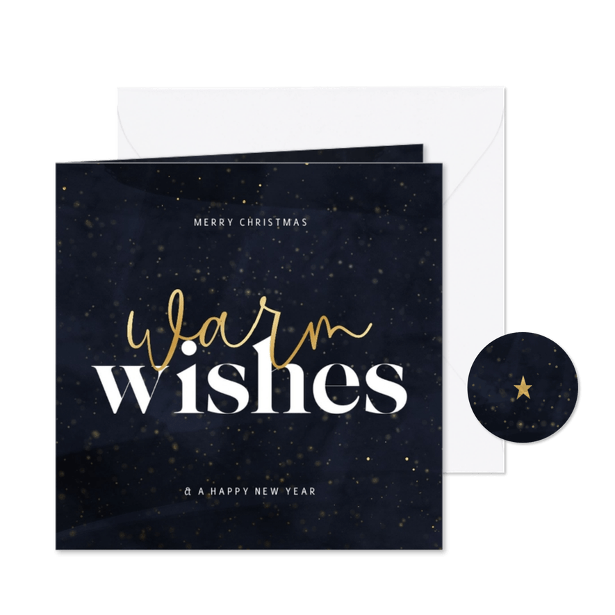 Kerstkaart warm wishes donkerblauw met goudlook details - Kaartimpressie