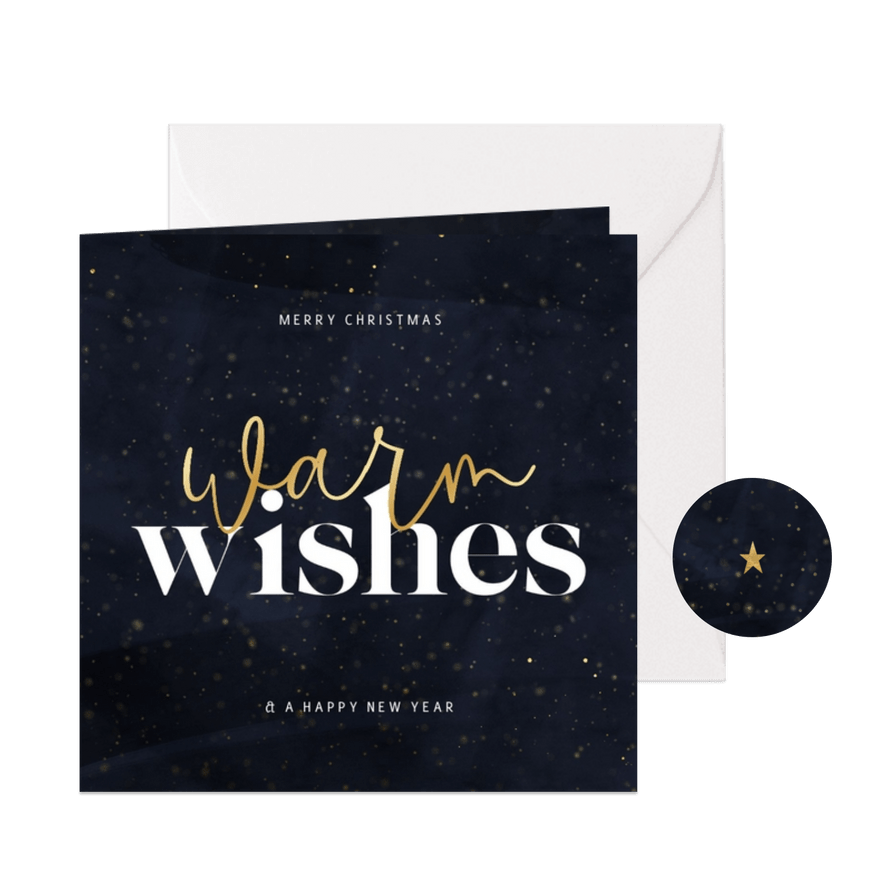 Kerstkaart warm wishes donkerblauw met goudlook details - Kaartimpressie