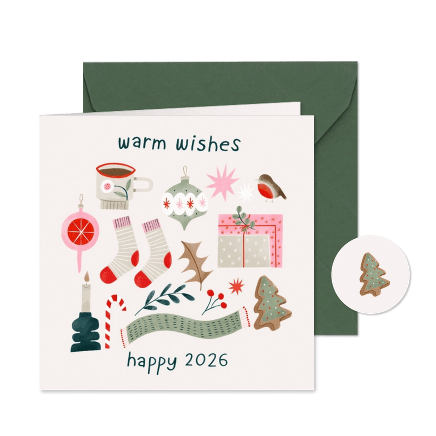 Kerstkaart warm wishes en vrolijke kerst illustraties  - Kaartimpressie