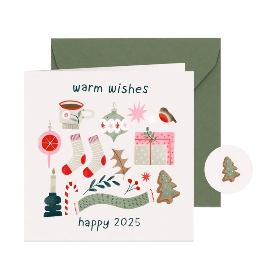 Kerstkaart warm wishes en vrolijke kerst illustraties  - Kaartimpressie