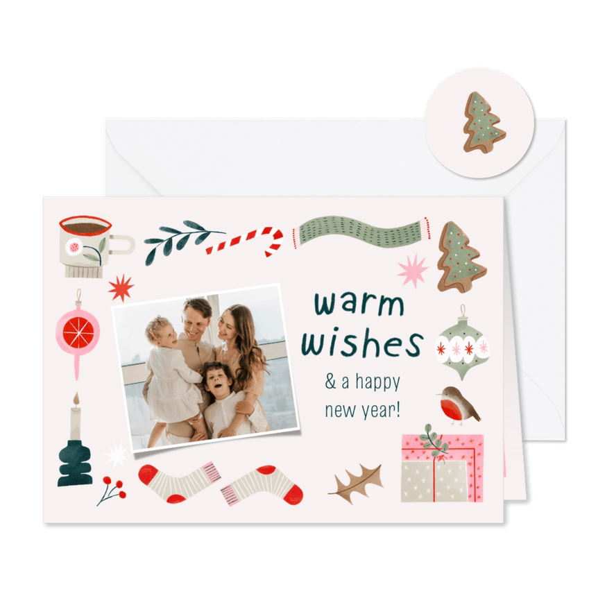 Kerstkaart warm wishes foto en vrolijke kerst illustraties - Kaartimpressie
