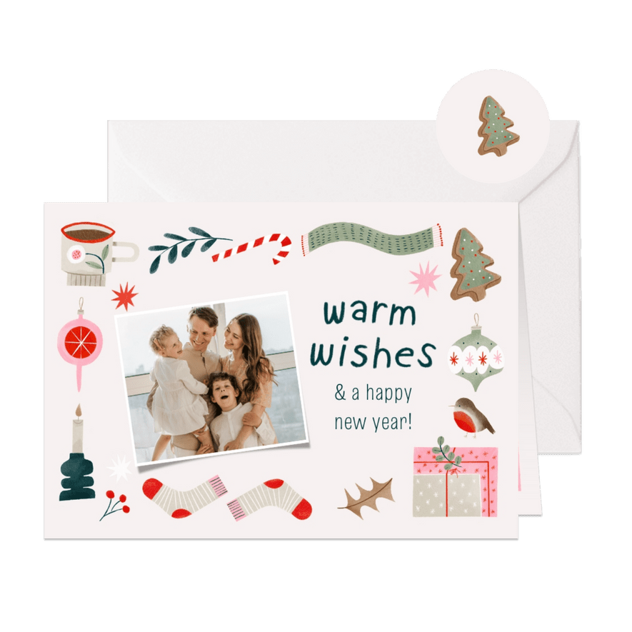 Kerstkaart warm wishes foto en vrolijke kerst illustraties - Kaartimpressie