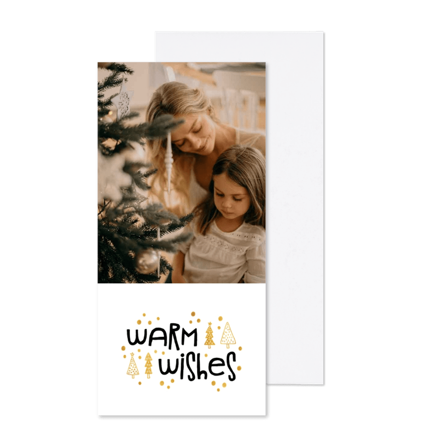 Kerstkaart warm wishes goudlook met foto - Kaartimpressie