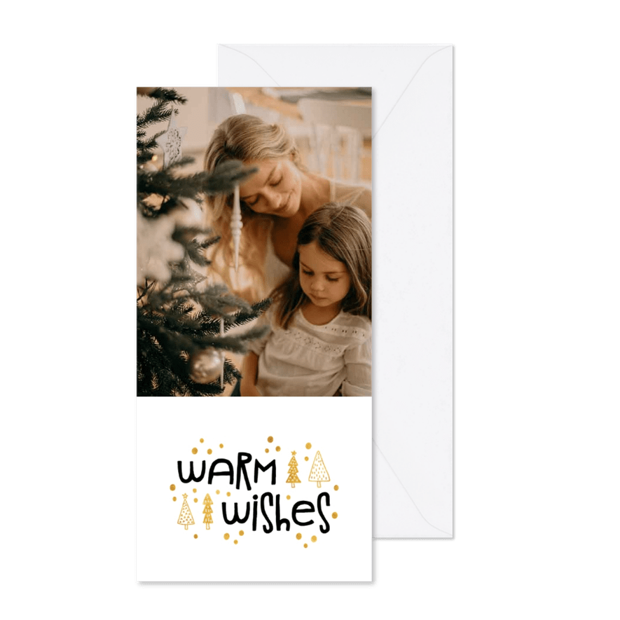Kerstkaart warm wishes goudlook met foto - Kaartimpressie