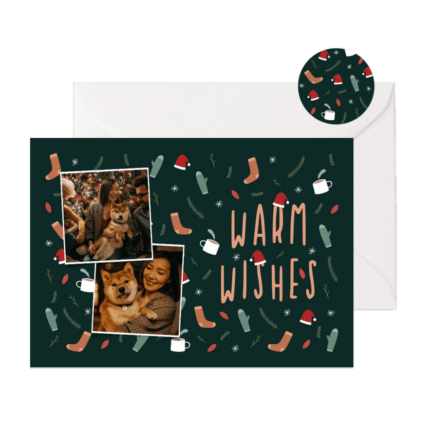 Kerstkaart warm wishes met foto en leuke illustraties - Kaartimpressie