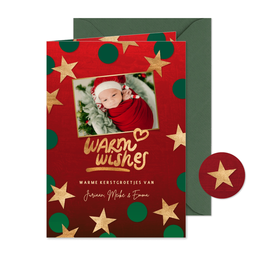 Kerstkaart 'Warm wishes' met foto en sterren - Kaartimpressie