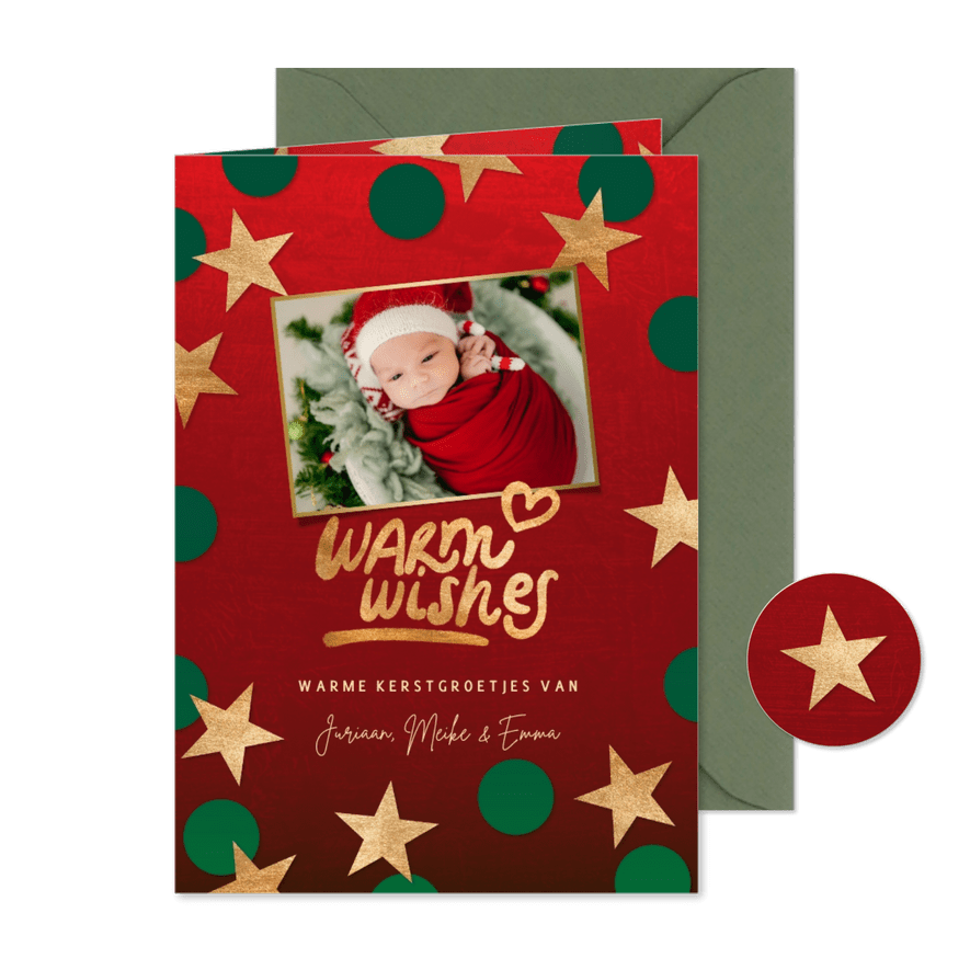 Kerstkaart 'Warm wishes' met foto en sterren - Kaartimpressie