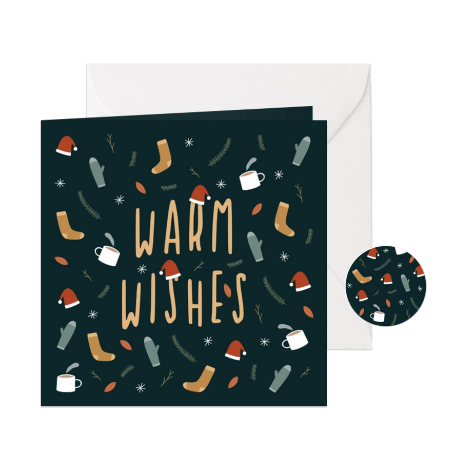 Kerstkaart warm wishes met leuke illustraties - Kaartimpressie