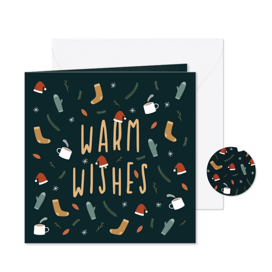 Kerstkaart warm wishes met leuke illustraties - Kaartimpressie