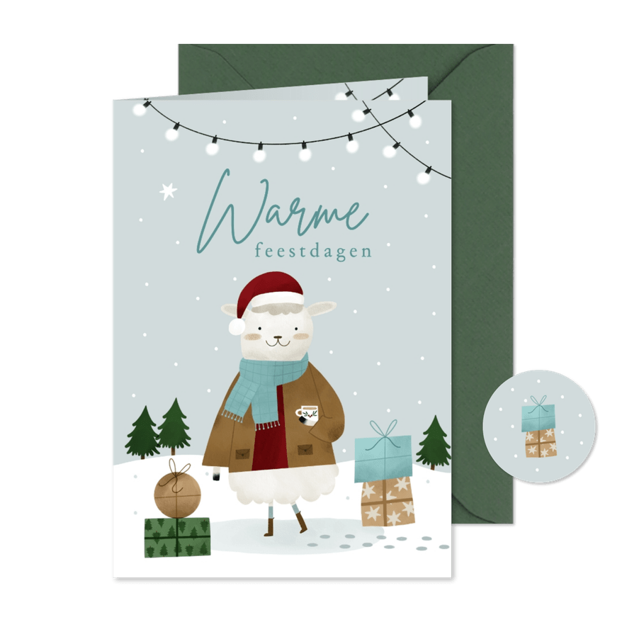 Kerstkaart warme feestdagen schaap sneeuw illustratie - Kaartimpressie