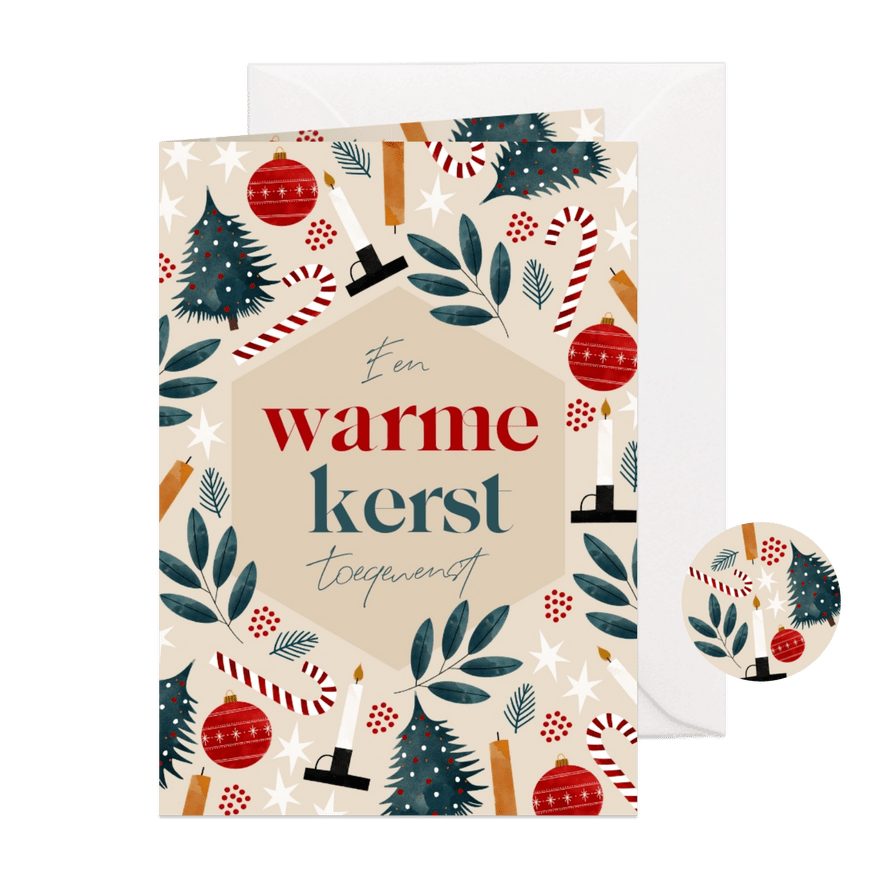 Kerstkaart warme kerst met illustraties kerstboom kerstbal - Kaartimpressie