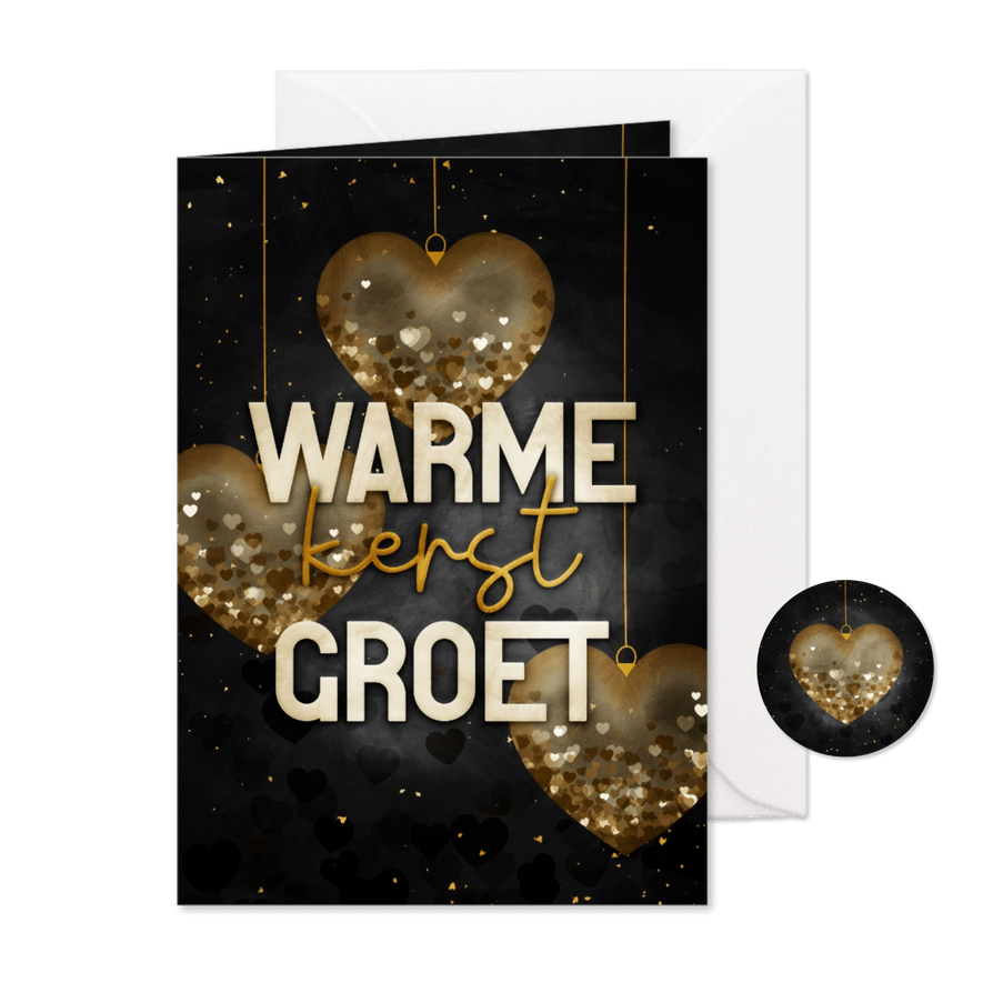 Kerstkaart warme kerstgroet met hartjes kerstballen - Kaartimpressie