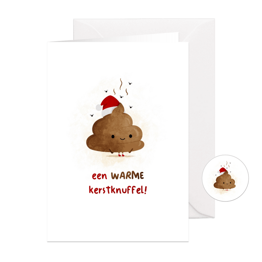 Kerstkaart warme kerstknuffel met drol - Kaartimpressie