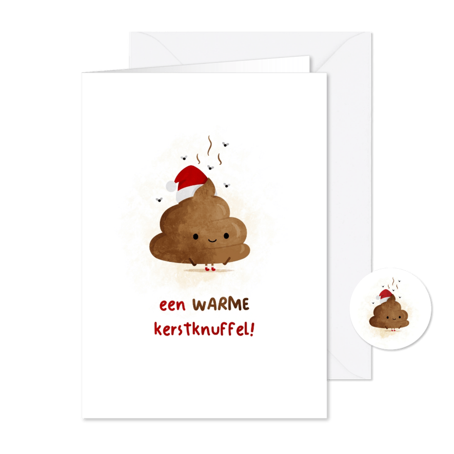 Kerstkaart warme kerstknuffel met drol - Kaartimpressie