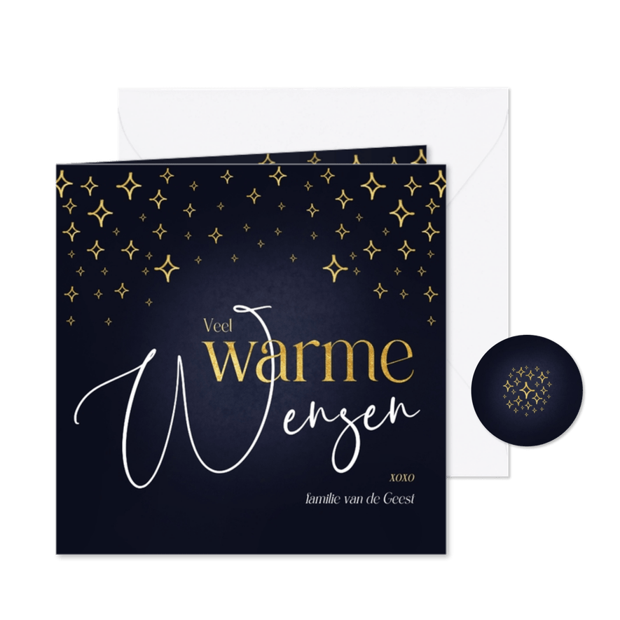 Kerstkaart warme wensen goudlook sterren blauw - Kaartimpressie