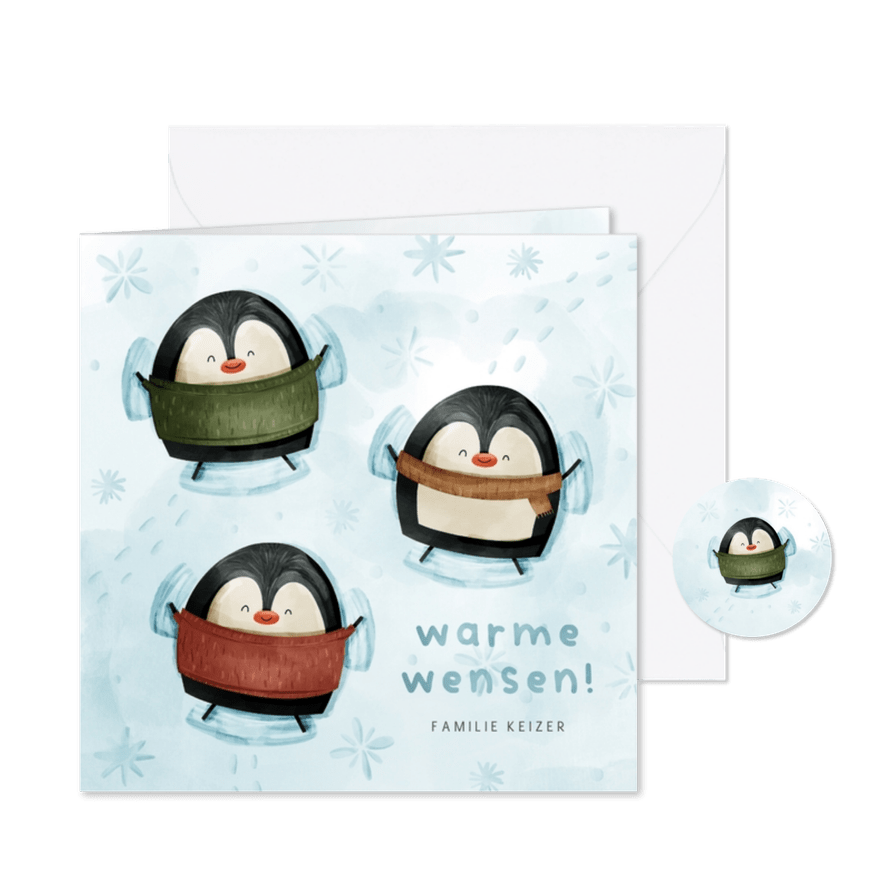Kerstkaart warme wensen pinguïns in sneeuw - Kaartimpressie