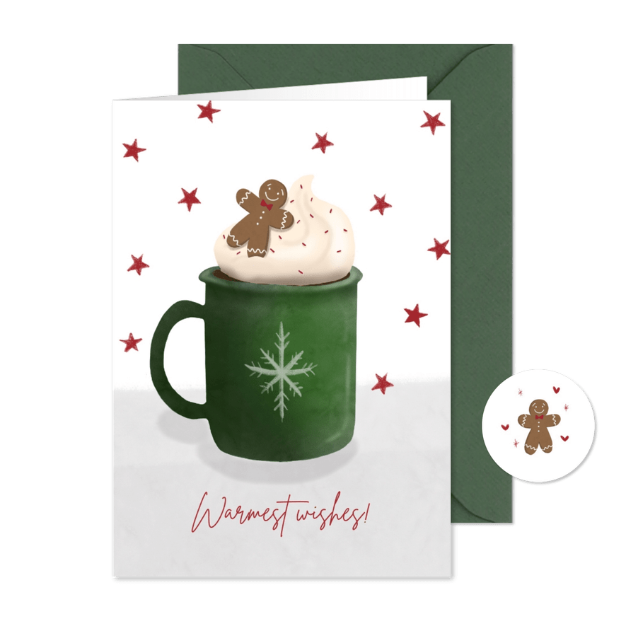 Kerstkaart warmest wishes met warme chocomelk en sterren - Kaartimpressie